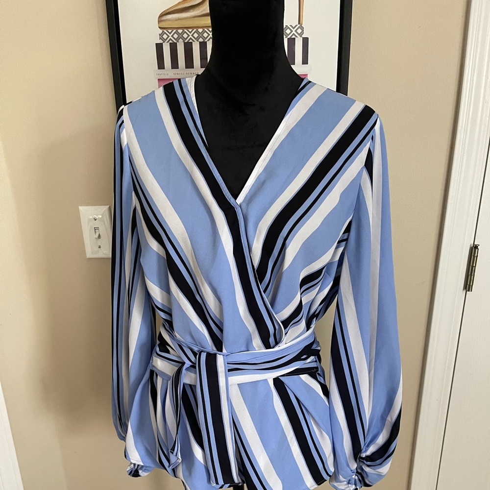 Light blue and black INC wrap blouse